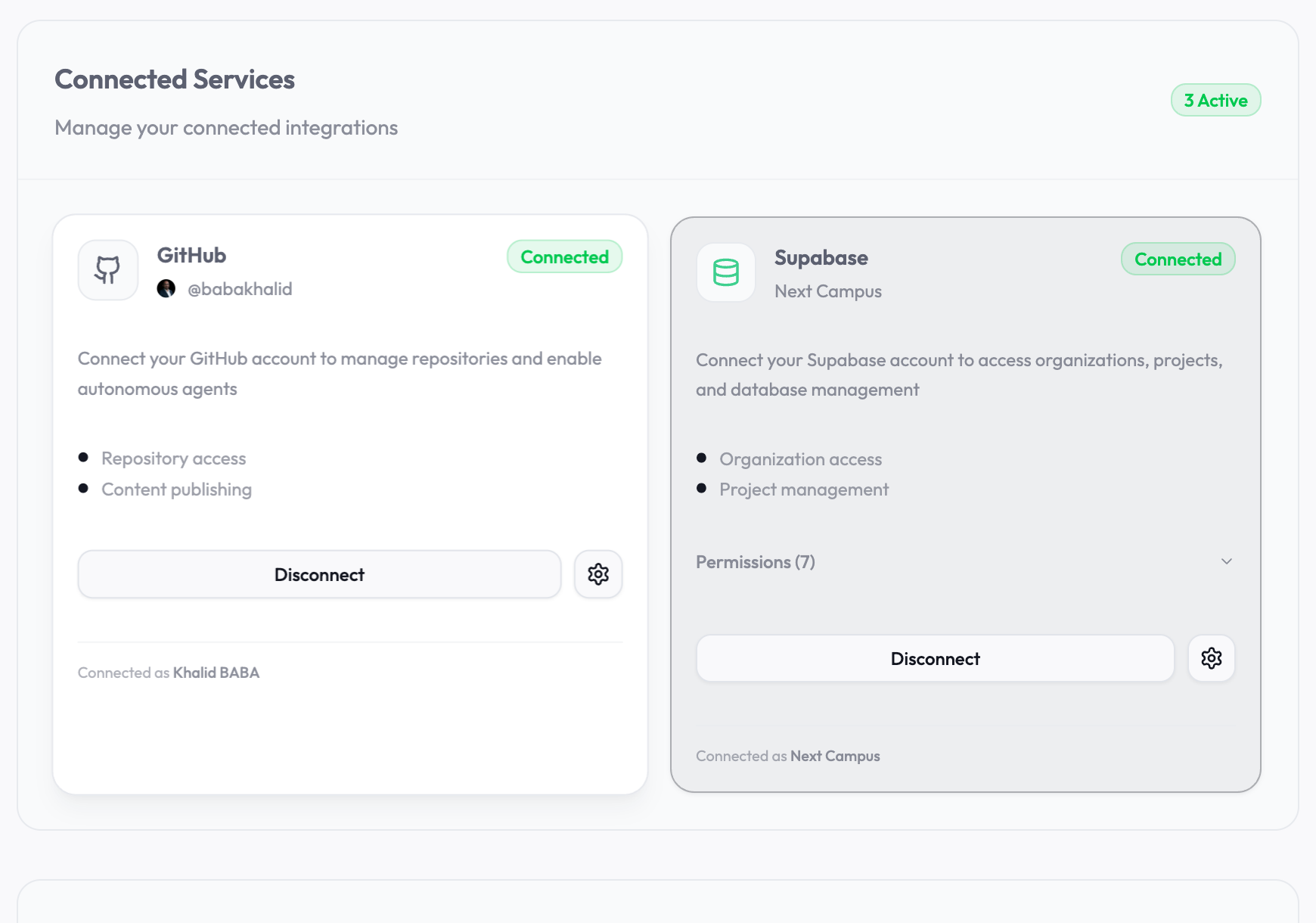 Youmake connected-services panel showing GitHub and Supabase integrations.